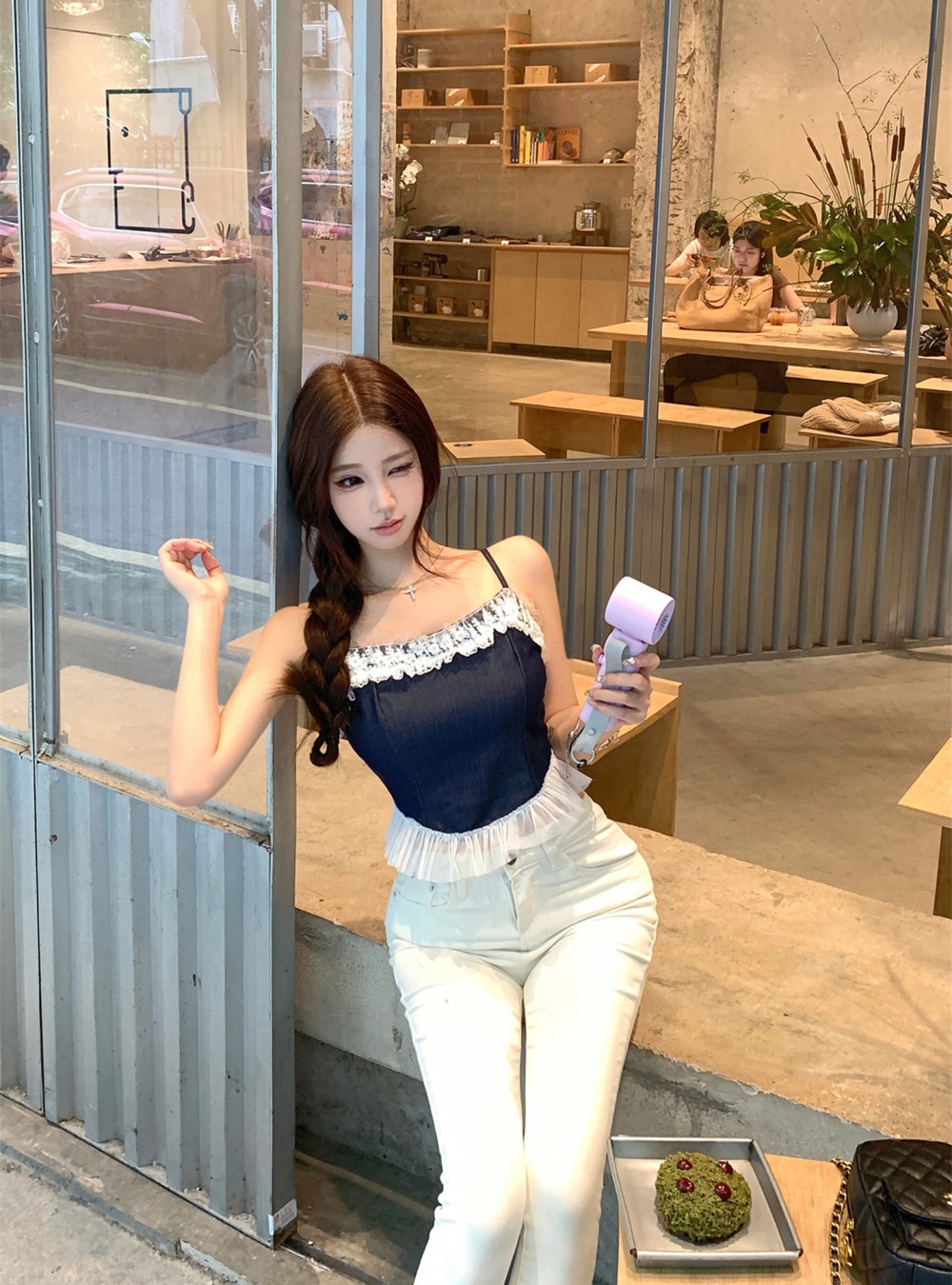 Sling maiden lace imitation denim tops