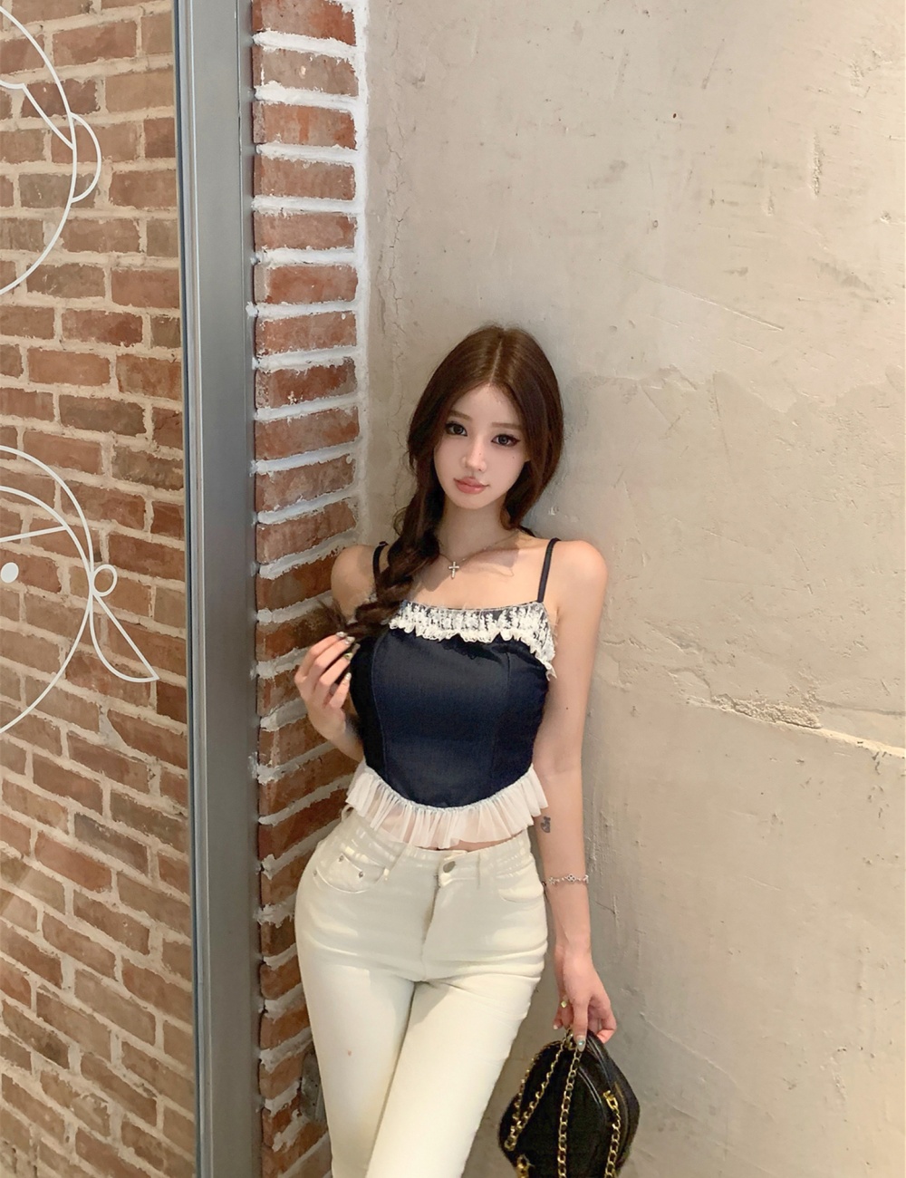 Sling maiden lace imitation denim tops