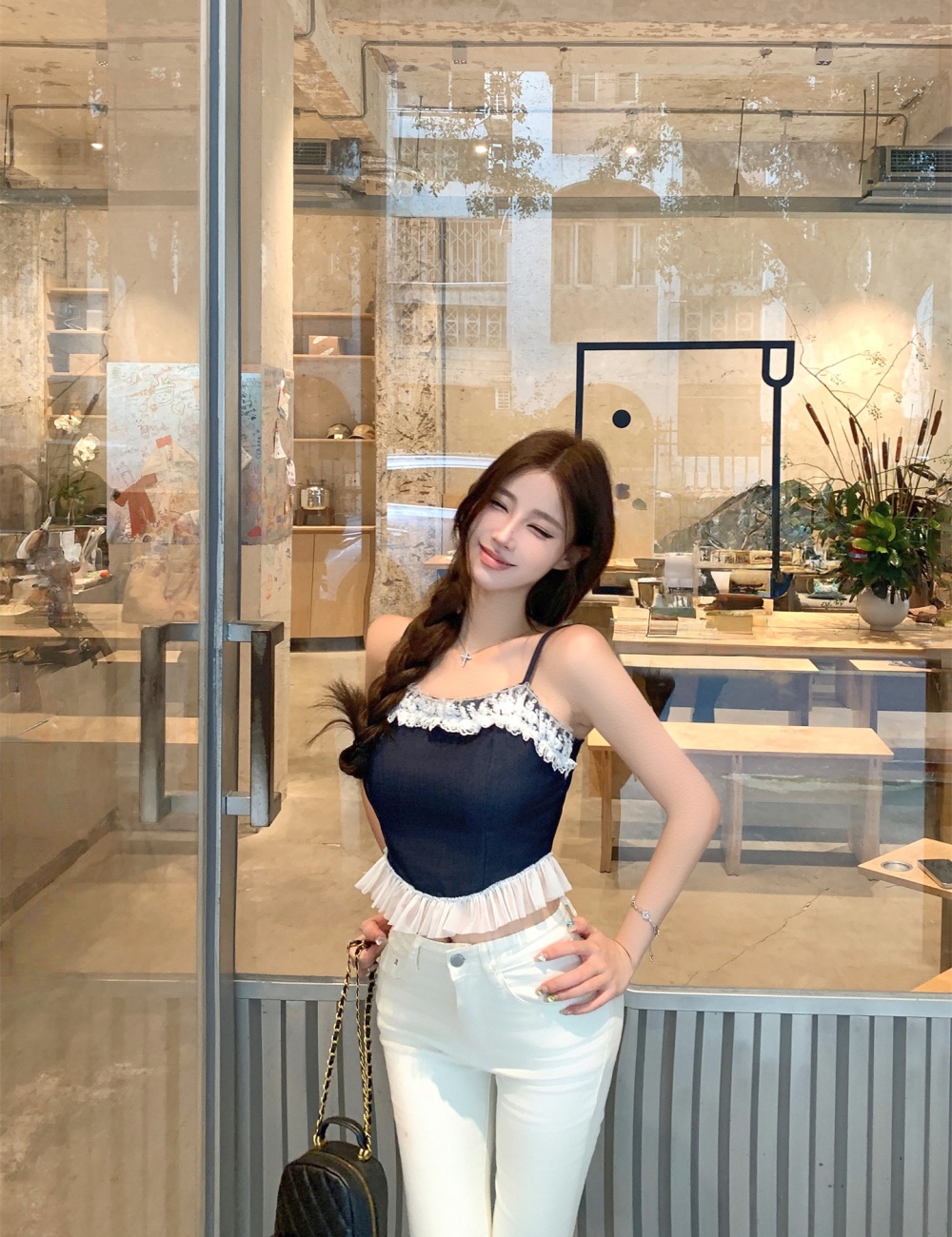 Sling maiden lace imitation denim tops