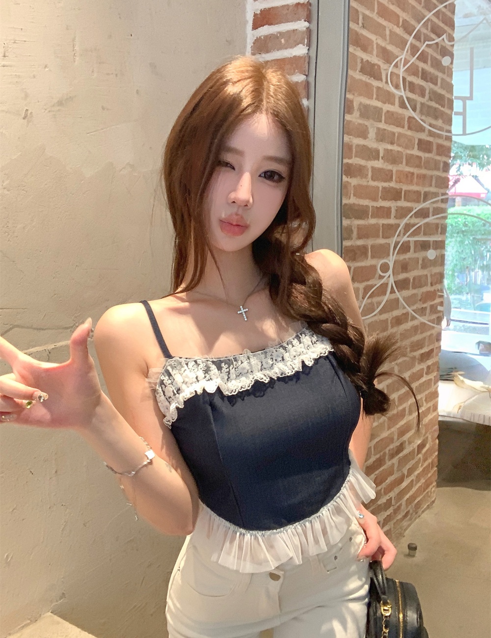 Sling maiden lace imitation denim tops