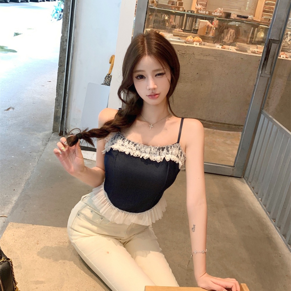 Sling maiden lace imitation denim tops