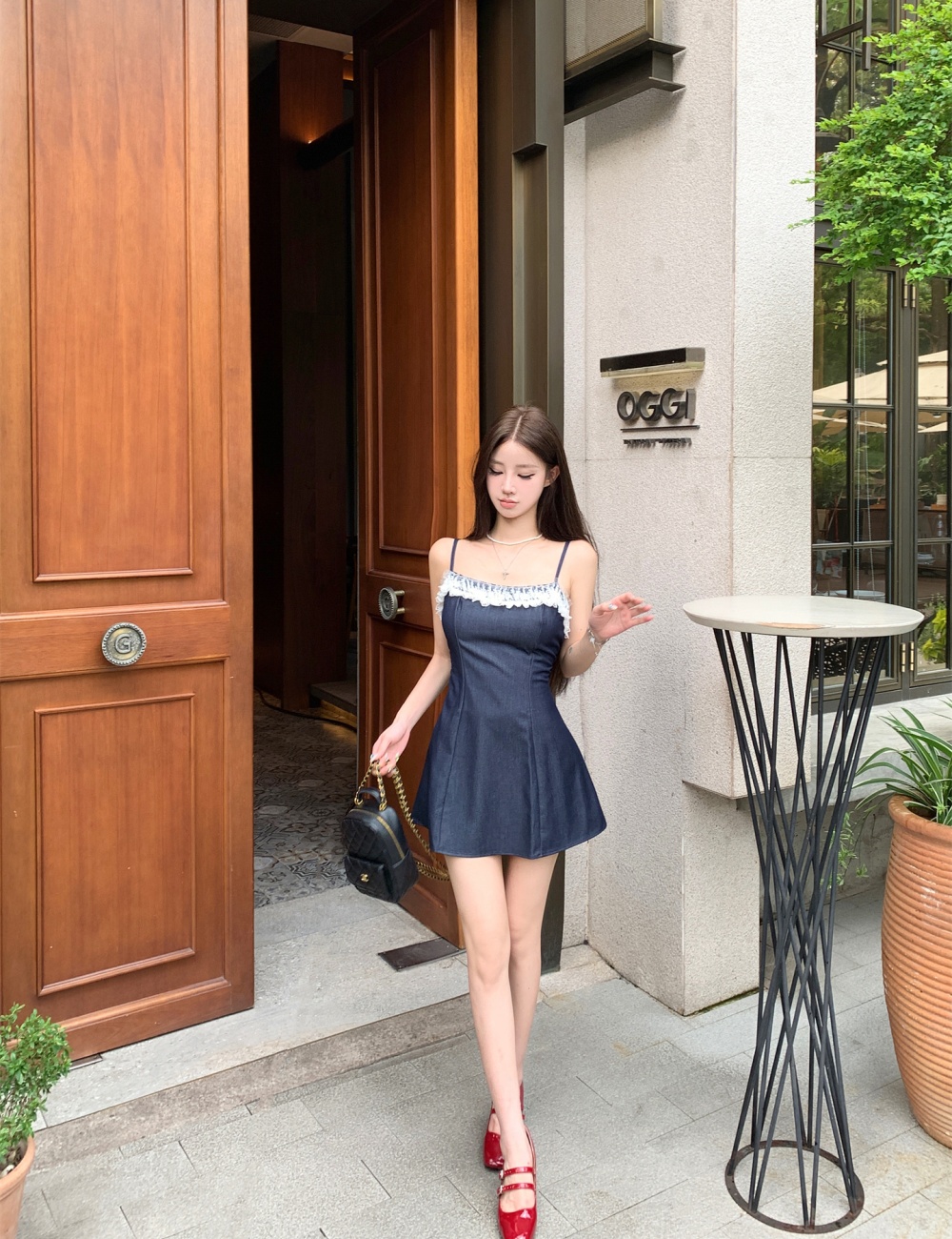 Imitation denim lace maiden A-line summer dress