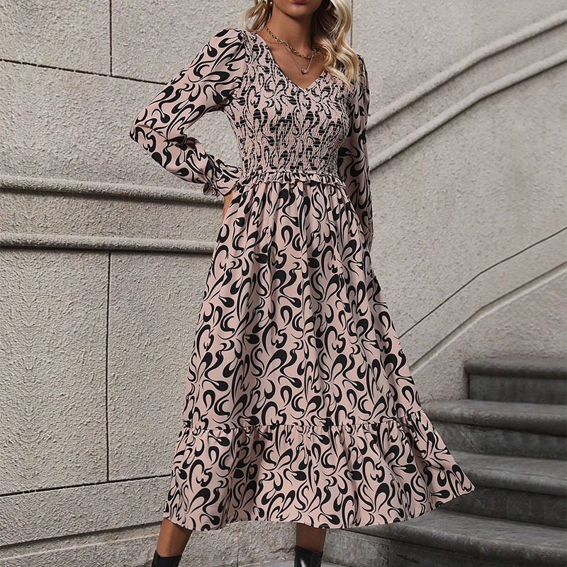 Elegant long sleeve V-neck retro dress for women