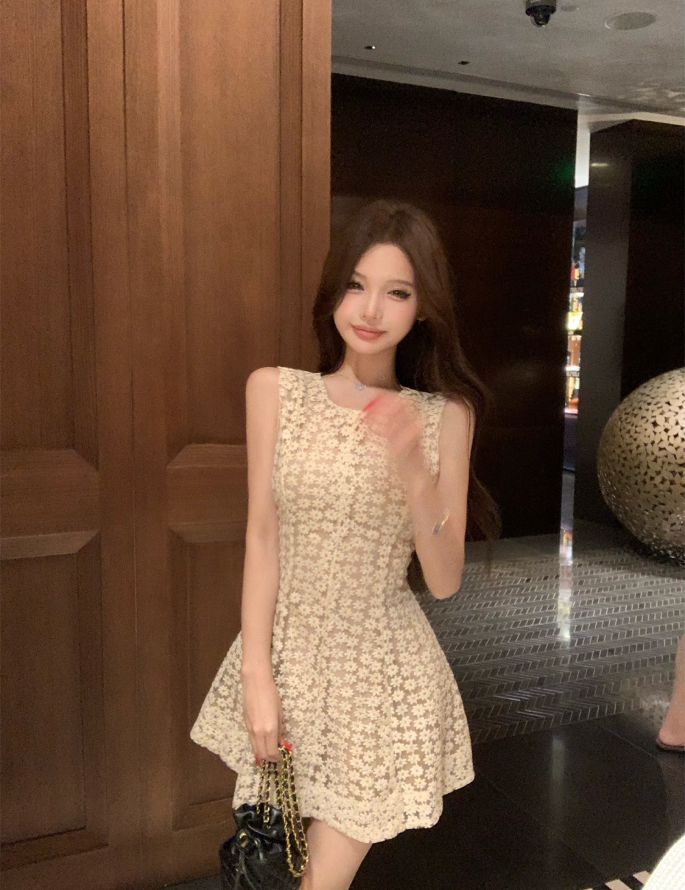 Embroidery daisy lace jacquard slim dress