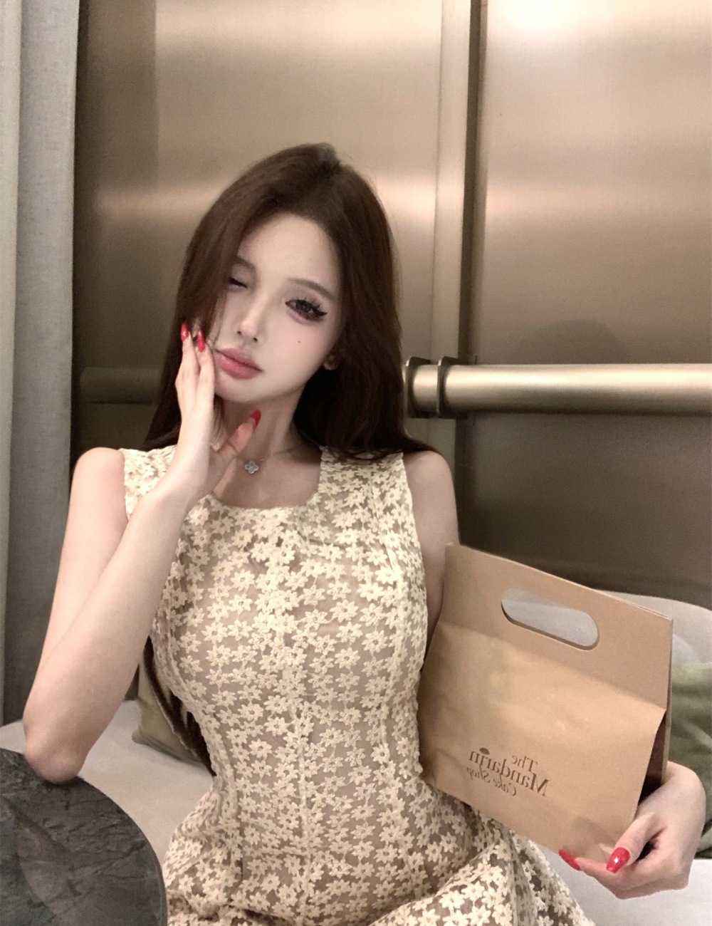 Embroidery daisy lace jacquard slim dress