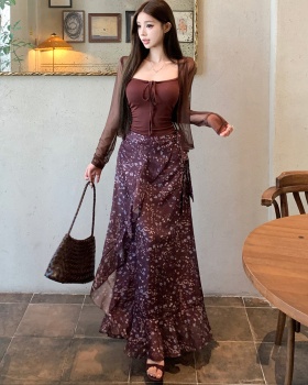 Long sleeve cardigan thin skirt 3pcs set for women