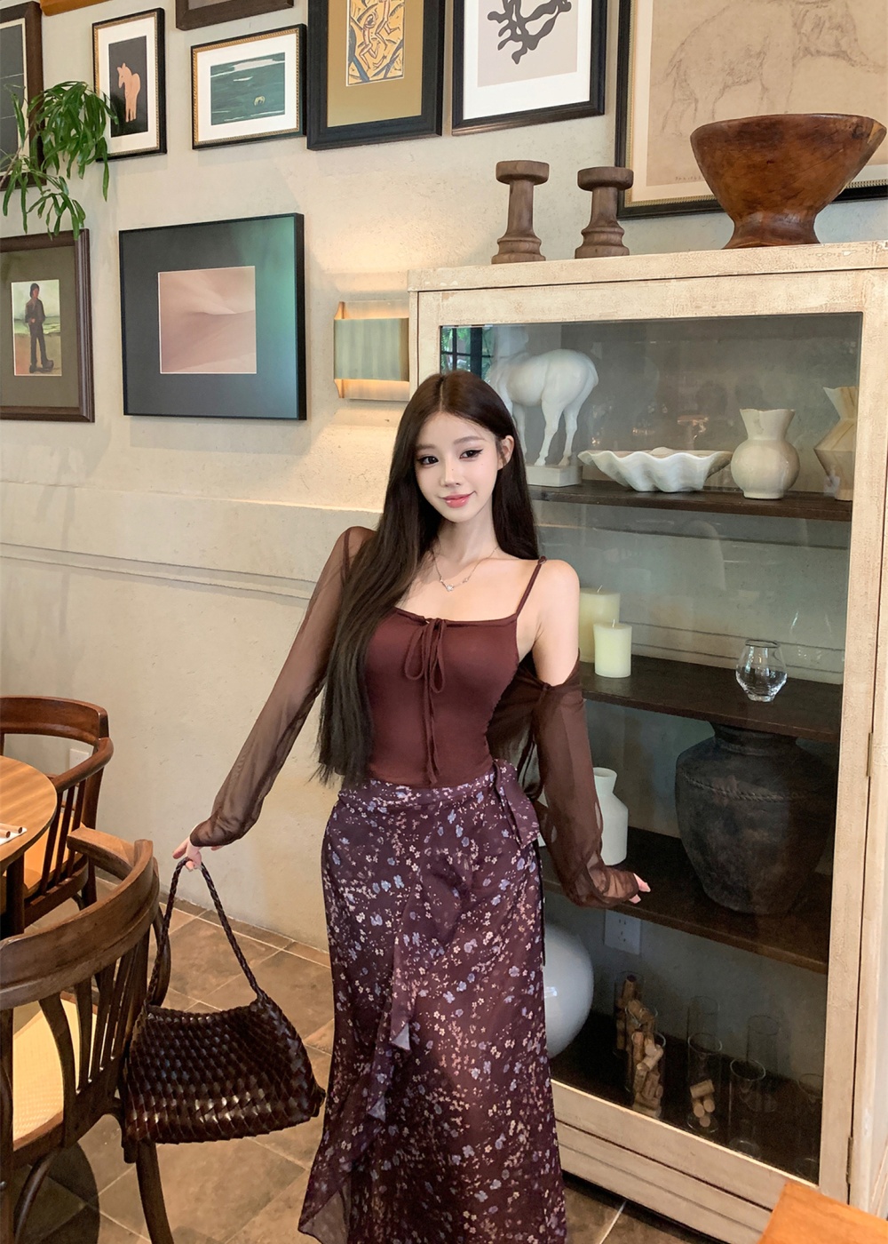 Long sleeve cardigan thin skirt 3pcs set for women