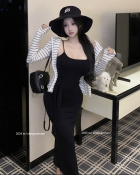 Long sleeve cardigan bandage strap dress a set