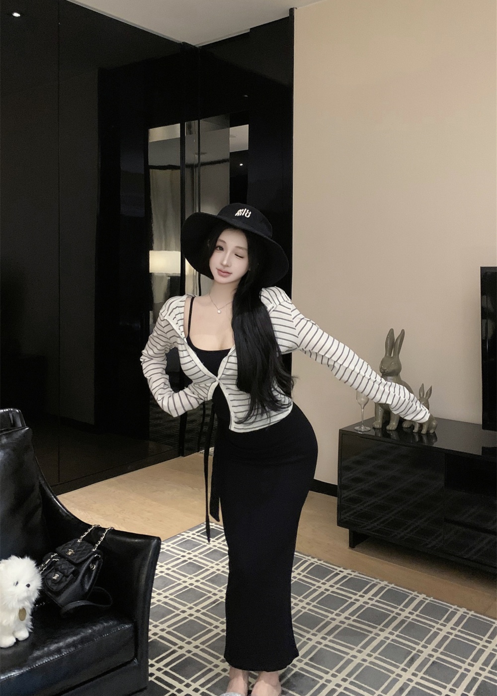 Long sleeve cardigan bandage strap dress a set