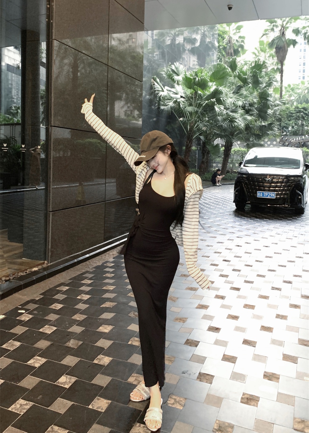 Long sleeve cardigan bandage strap dress a set
