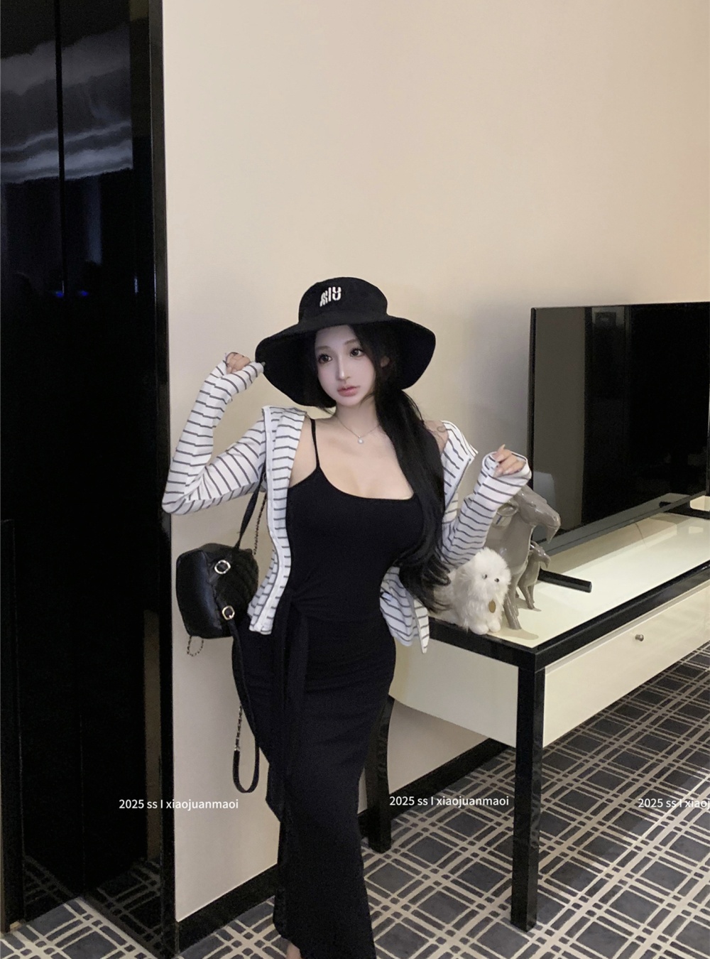 Long sleeve cardigan bandage strap dress a set