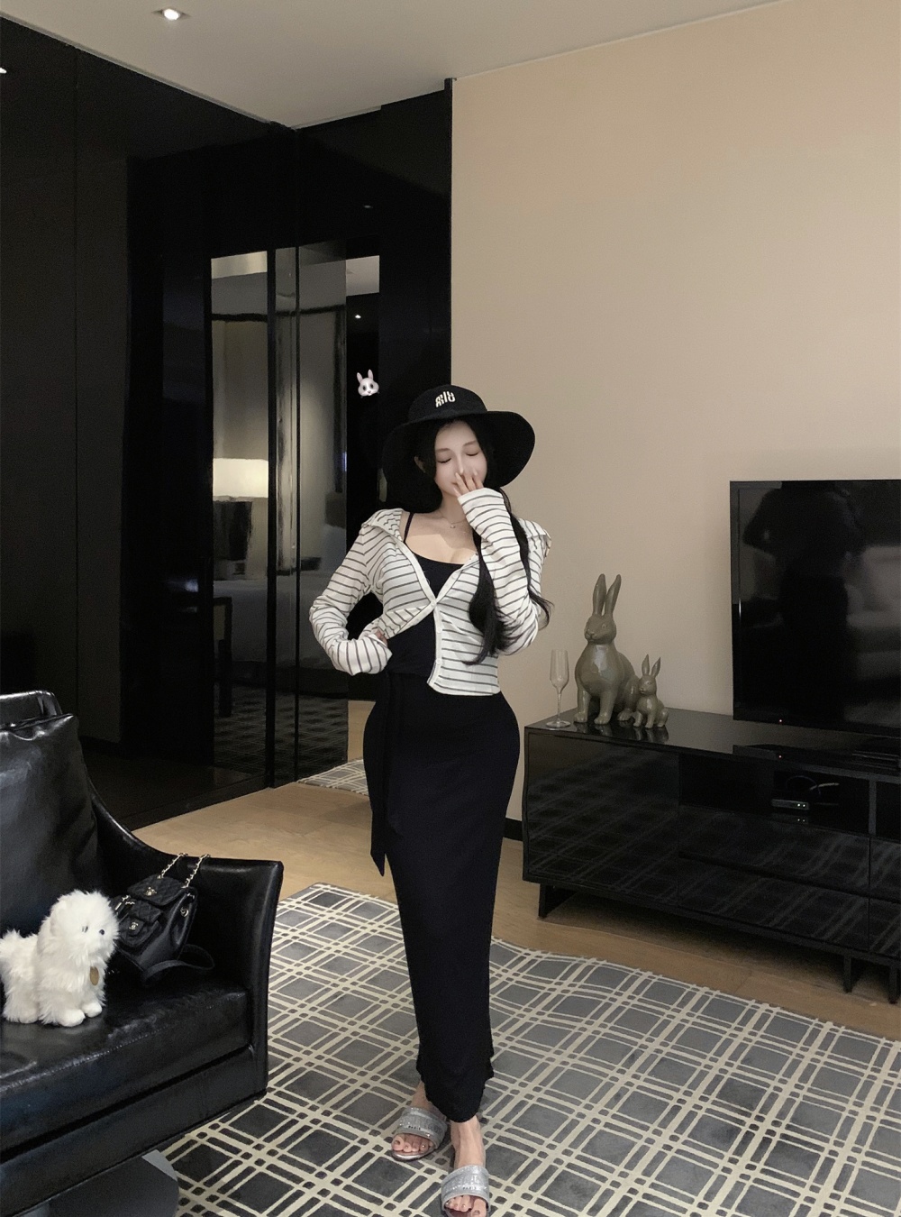 Long sleeve cardigan bandage strap dress a set