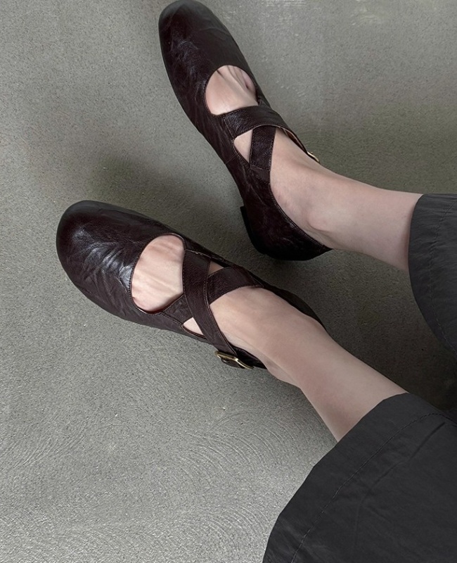 Ballet art cross flattie retro France style leather shoes