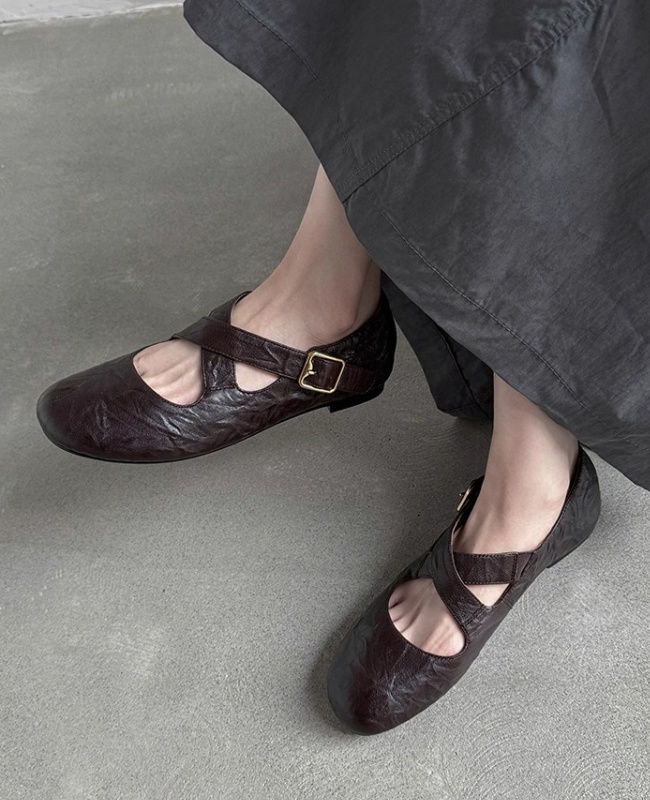 Ballet art cross flattie retro France style leather shoes
