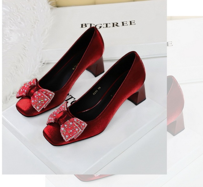 Banquet satin thick Korean style low shoes for women