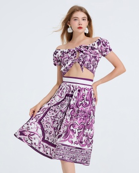Bow flat shoulder tops printing skirt 2pcs set