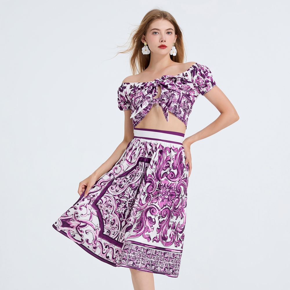 Bow flat shoulder tops printing skirt 2pcs set
