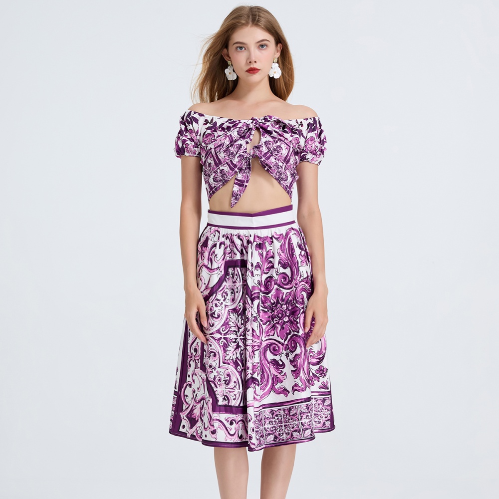 Bow flat shoulder tops printing skirt 2pcs set