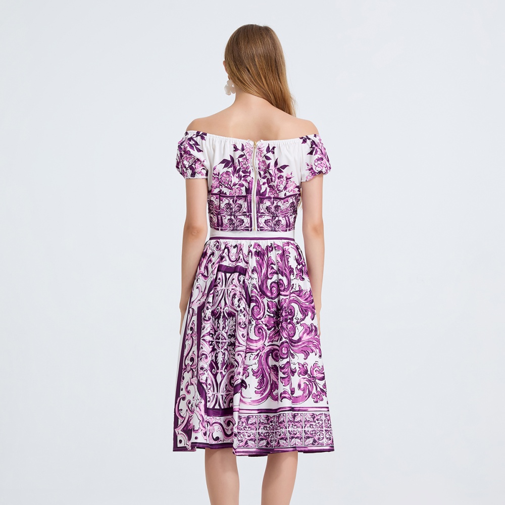 Bow flat shoulder tops printing skirt 2pcs set