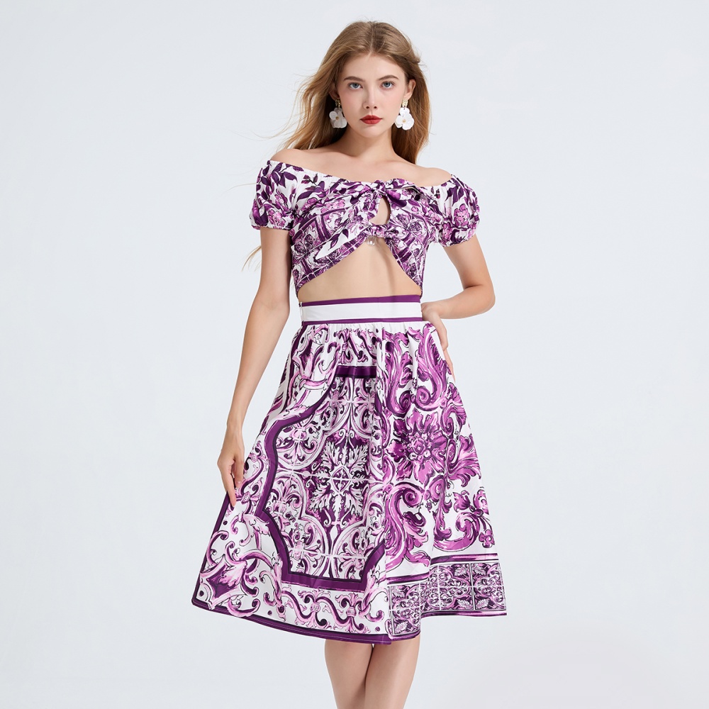 Bow flat shoulder tops printing skirt 2pcs set