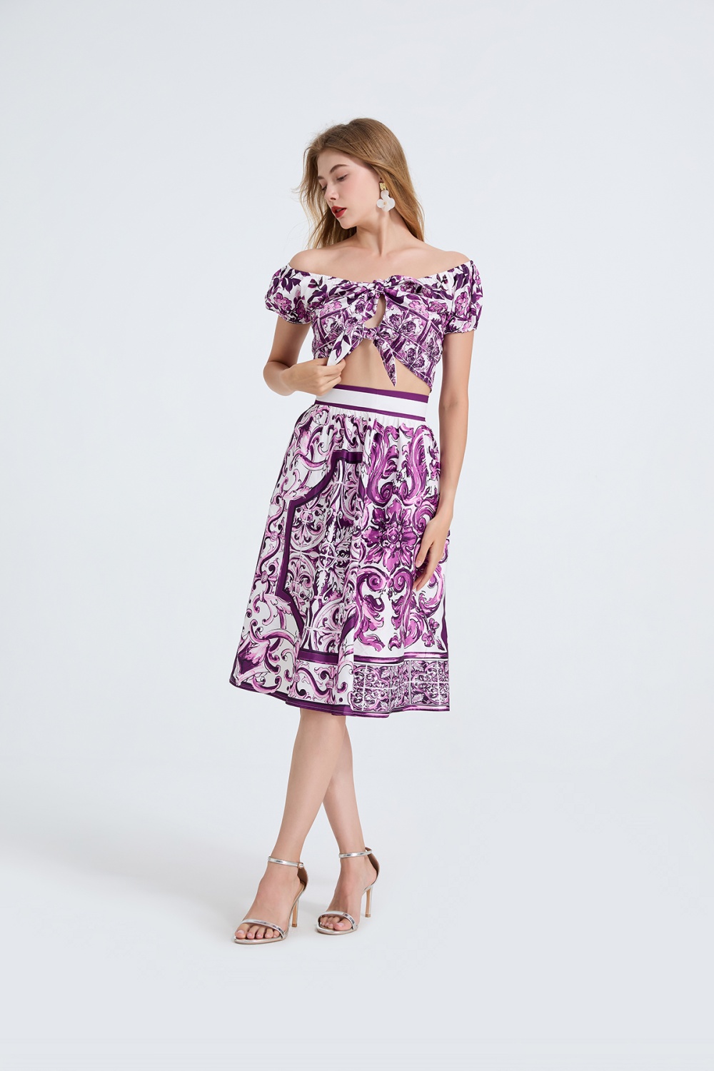 Bow flat shoulder tops printing skirt 2pcs set