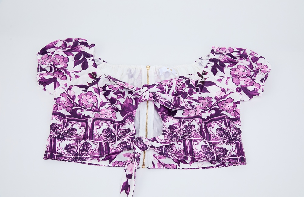 Bow flat shoulder tops printing skirt 2pcs set