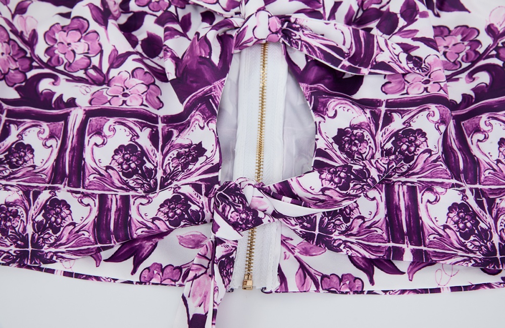 Bow flat shoulder tops printing skirt 2pcs set
