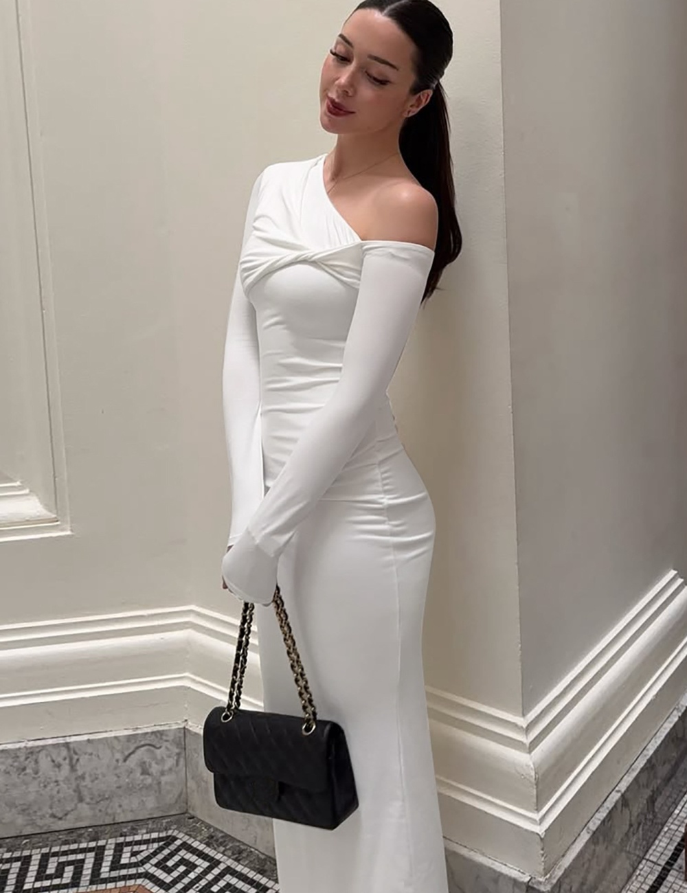 Slim summer fashion pure sloping shoulder dress for women