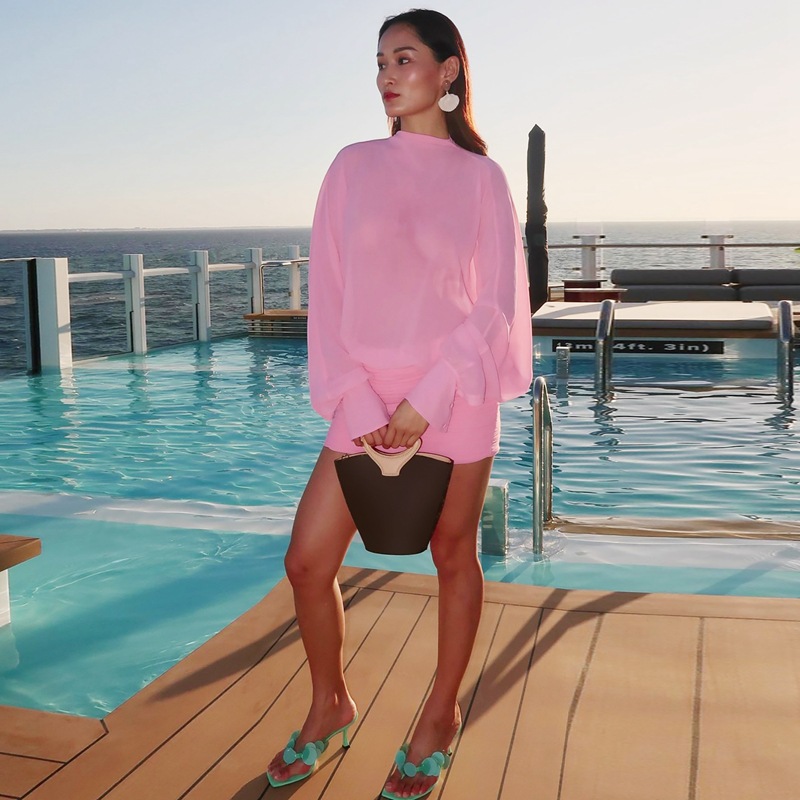 Chiffon long sleeve perspective crinkling summer dress