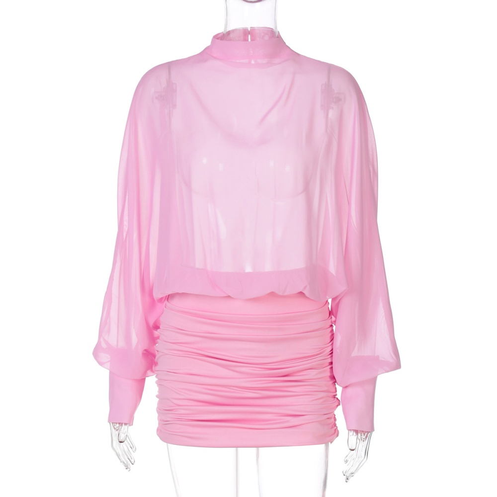 Chiffon long sleeve perspective crinkling summer dress