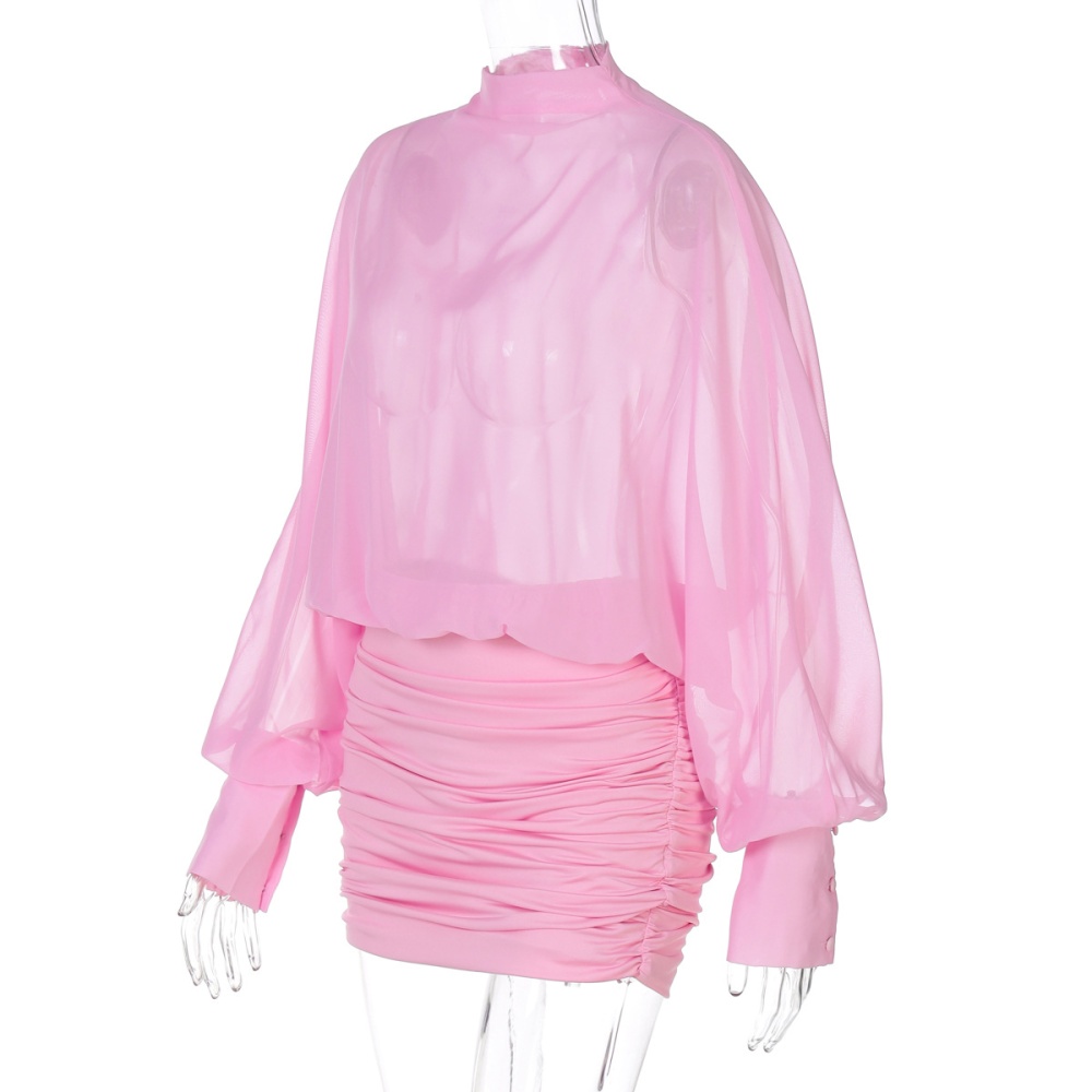 Chiffon long sleeve perspective crinkling summer dress