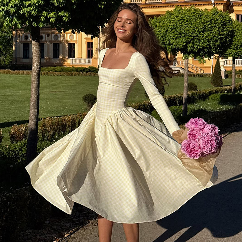 High waist fashion big skirt long sleeve summer dress for women