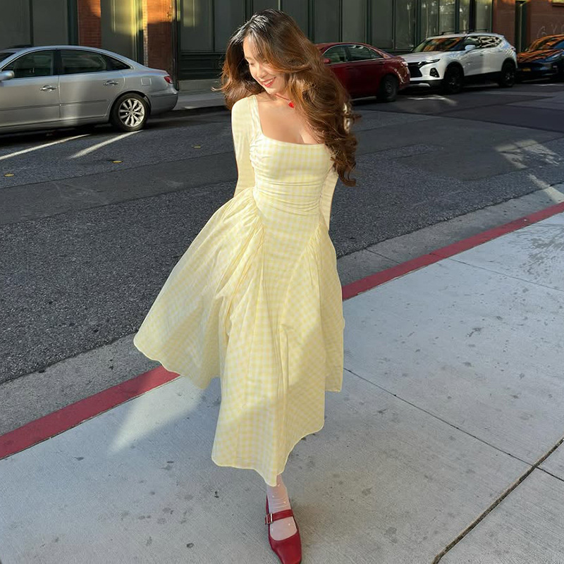High waist fashion big skirt long sleeve summer dress for women