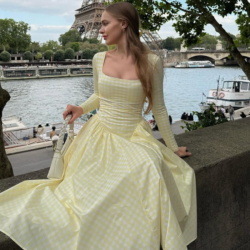 High waist fashion big skirt long sleeve summer dress for women