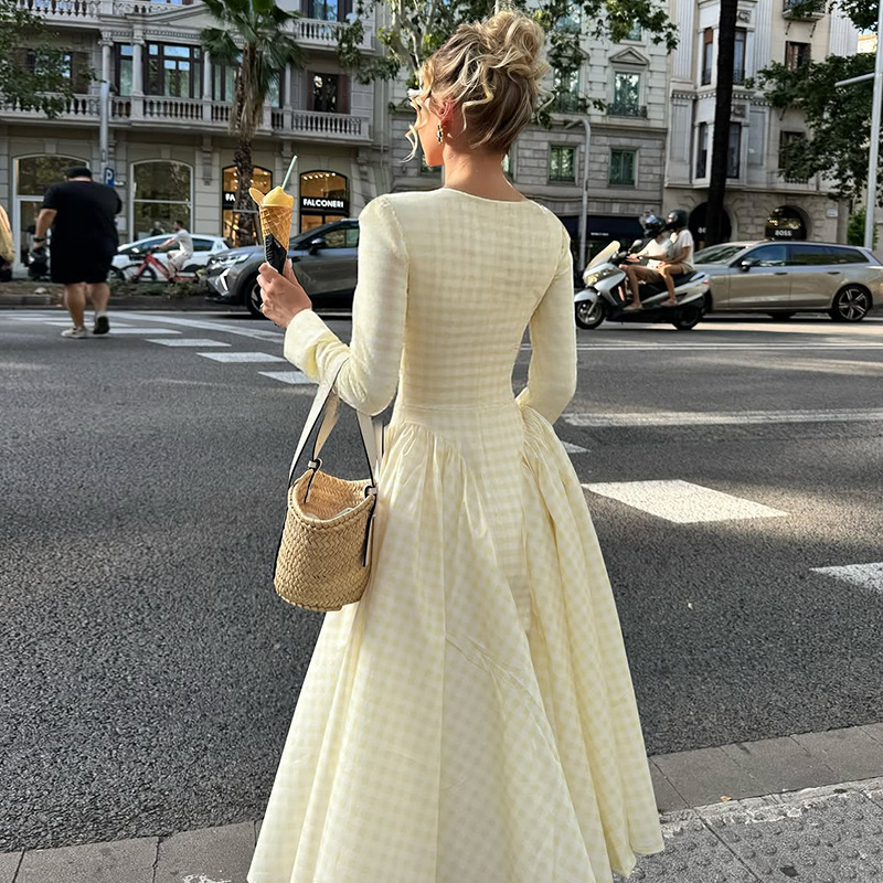 High waist fashion big skirt long sleeve summer dress for women