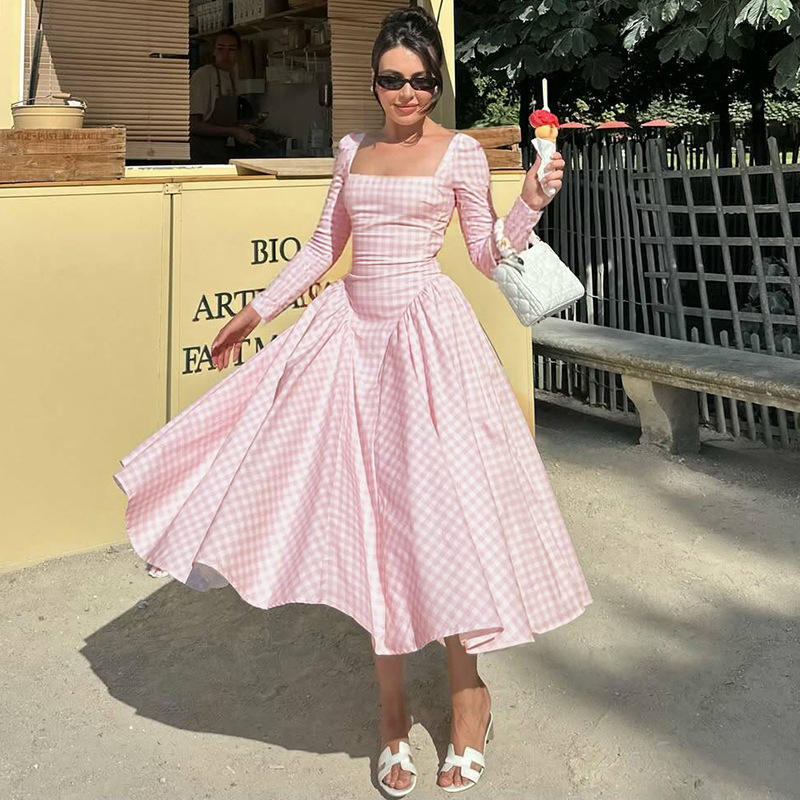 High waist fashion big skirt long sleeve summer dress for women