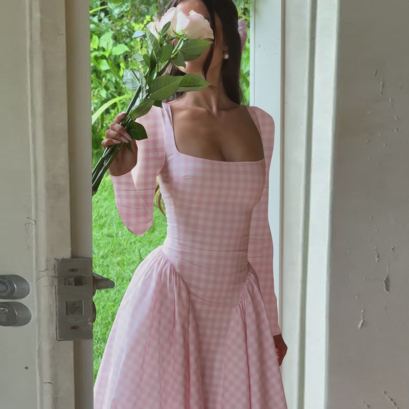 High waist fashion big skirt long sleeve summer dress for women