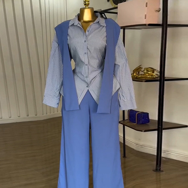 Long sleeve lapel shirt autumn long pants a set for women