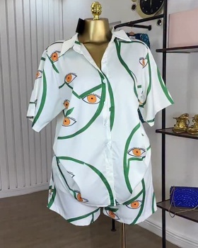 Lapel printing shorts Casual shirt a set for women