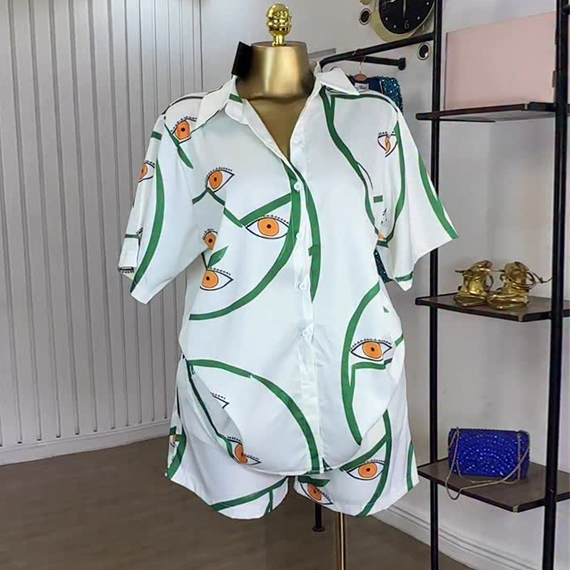 Lapel printing shorts Casual shirt a set for women