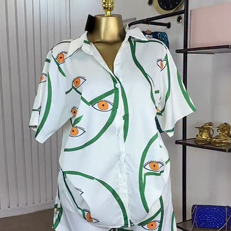 Lapel printing shorts Casual shirt a set for women