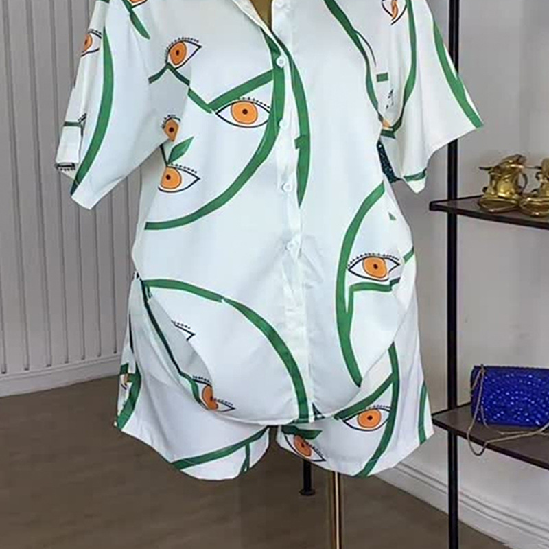 Lapel printing shorts Casual shirt a set for women