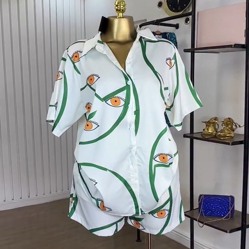 Lapel printing shorts Casual shirt a set for women