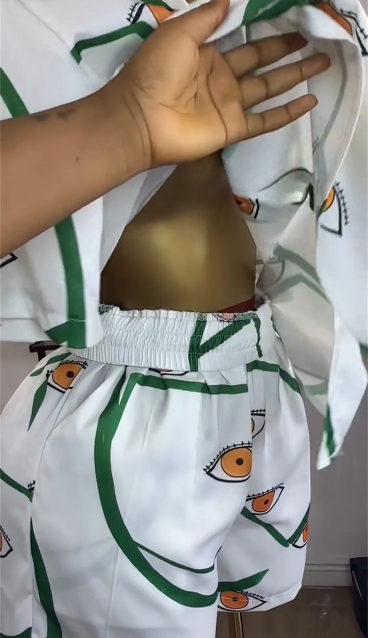 Lapel printing shorts Casual shirt a set for women