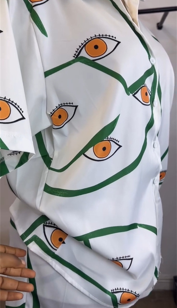 Lapel printing shorts Casual shirt a set for women