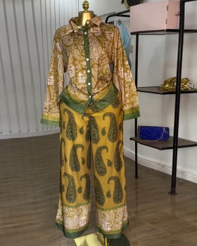 Wide leg printing long pants autumn shirt a set for women