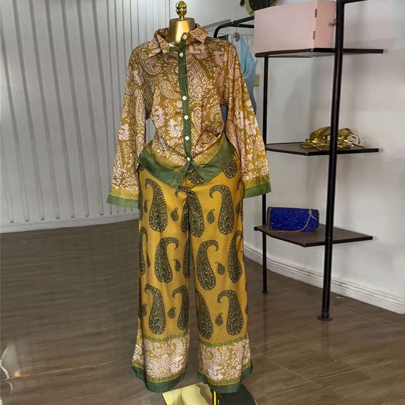 Wide leg printing long pants autumn shirt a set for women