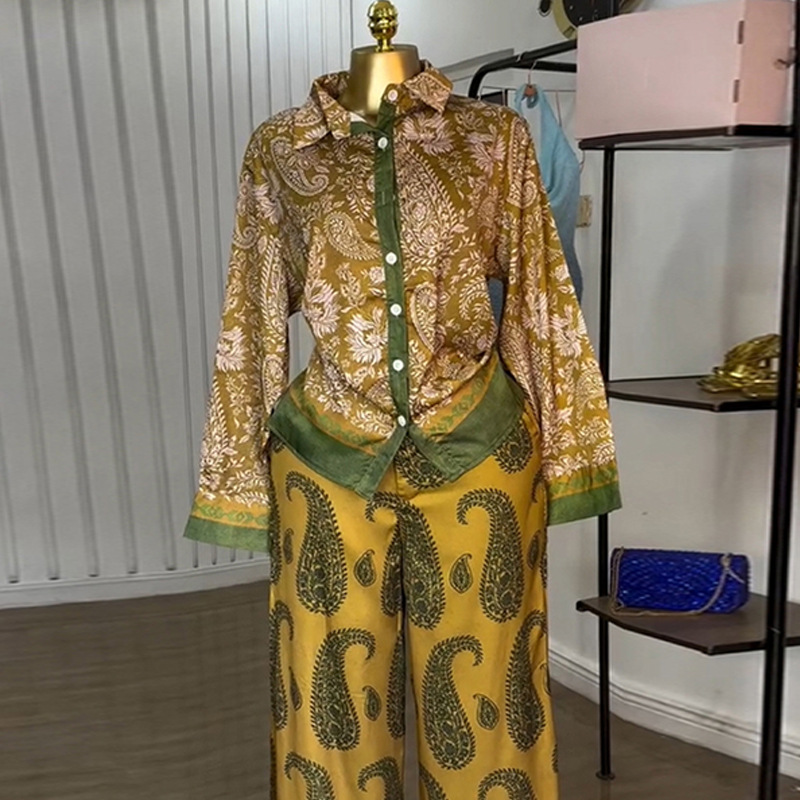 Wide leg printing long pants autumn shirt a set for women