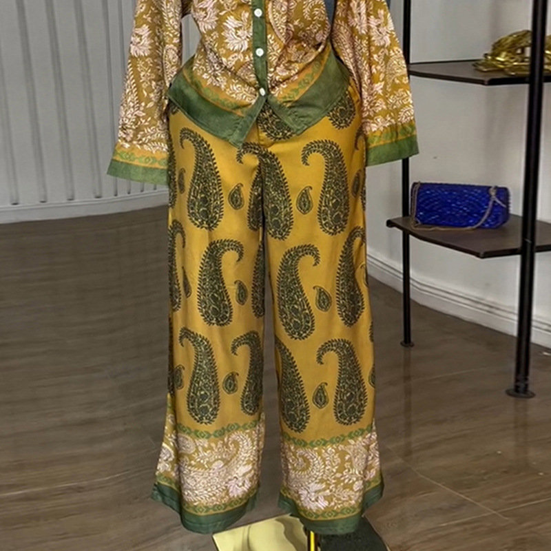 Wide leg printing long pants autumn shirt a set for women
