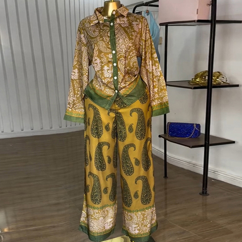 Wide leg printing long pants autumn shirt a set for women